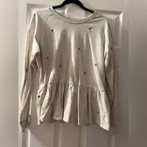 T.La (Anthropologie) Grey Peplum Long-Sleeve Sweatshirt with Red Rose Embroidery